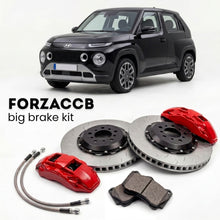 Black Hyundai Casper (2021-2026) shown above a ForzaCCB iron rotor big brake kit with 2x red 6-piston front calipers, 2x two-piece floating ventilated brake discs 380 mm, set of brake pads, and brake lines.