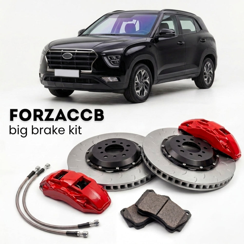 Black Hyundai Creta (2019-2026) shown above a ForzaCCB iron rotor big brake kit with 2x red 6-piston front calipers, 2x two-piece floating ventilated brake discs 380 mm, set of brake pads, and brake lines.