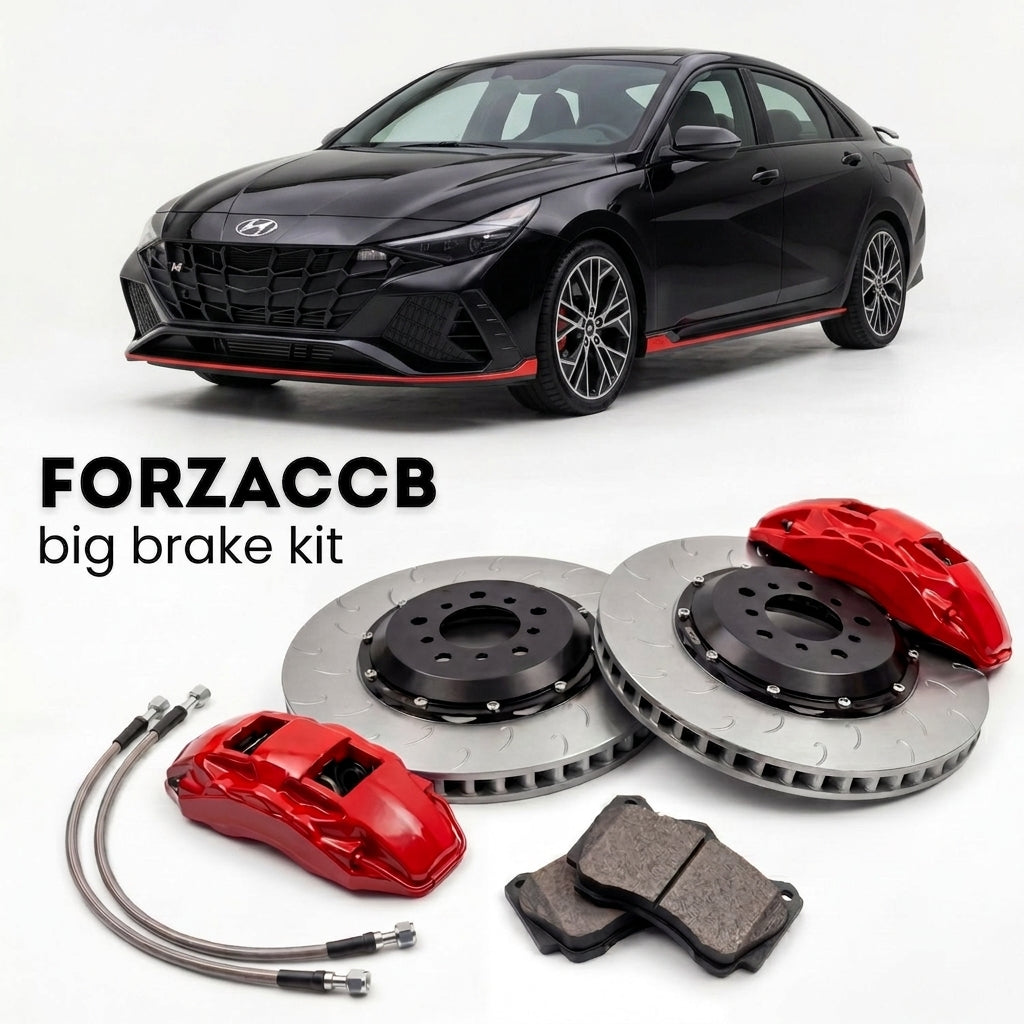 Black Hyundai Elantra N (2022-2026) shown above a ForzaCCB iron rotor big brake kit with 2x red 6-piston front calipers, 2x two-piece floating ventilated brake discs 380 mm, set of brake pads, and brake lines.