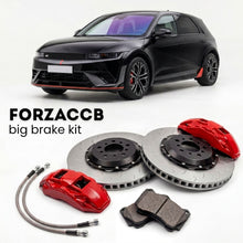 Black Hyundai Ioniq 5 N (2024-2026) shown above a ForzaCCB iron rotor big brake kit with 2x red 6-piston front calipers, 2x two-piece floating ventilated brake discs 380 mm, set of brake pads, and brake lines.