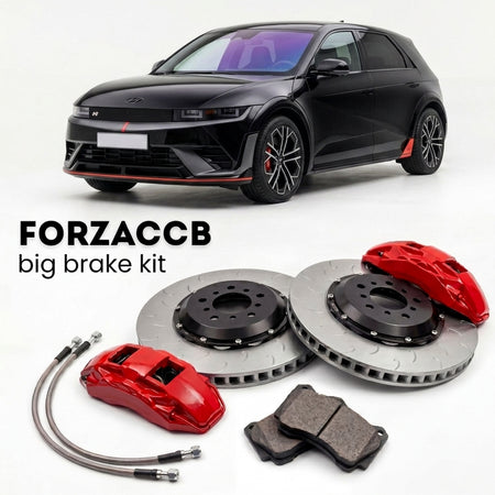 Black Hyundai Ioniq 5 N (2024-2026) shown above a ForzaCCB iron rotor big brake kit with 2x red 6-piston front calipers, 2x two-piece floating ventilated brake discs 380 mm, set of brake pads, and brake lines.