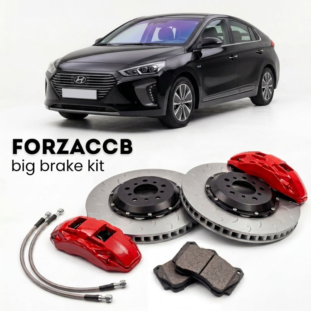 Black Hyundai Ioniq Hybrid (2019-2022) shown above a ForzaCCB iron rotor big brake kit with 2x red 6-piston front calipers, 2x two-piece floating ventilated brake discs 380 mm, set of brake pads, and brake lines.
