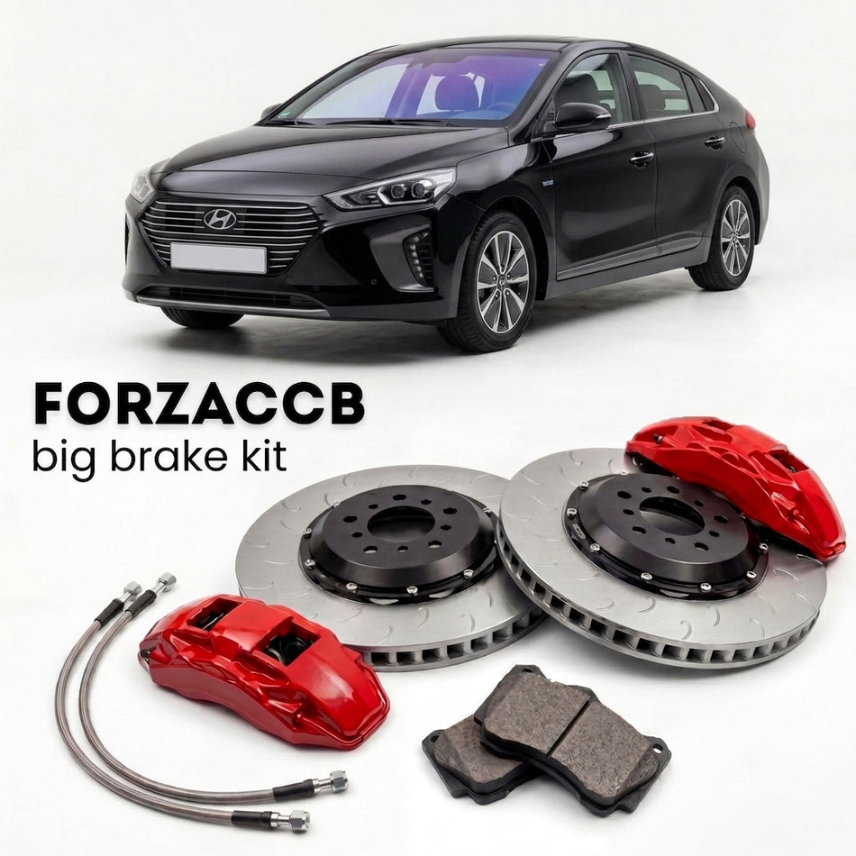 Black Hyundai Ioniq Hybrid (2019-2022) shown above a ForzaCCB iron rotor big brake kit with 2x red 6-piston front calipers, 2x two-piece floating ventilated brake discs 380 mm, set of brake pads, and brake lines.