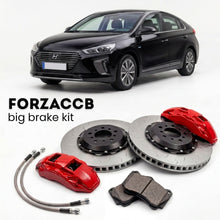 Black Hyundai Ioniq Plug-In Hybrid (2019-2022) shown above a ForzaCCB iron rotor big brake kit with 2x red 6-piston front calipers, 2x two-piece floating ventilated brake discs 380 mm, set of brake pads, and brake lines.