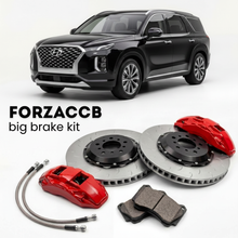 Black Hyundai Palisade facelift (2023-2025) shown above a ForzaCCB iron rotor big brake kit with 2x red 6-piston front calipers, 2x two-piece floating ventilated brake discs 380 mm, set of brake pads, and brake lines.