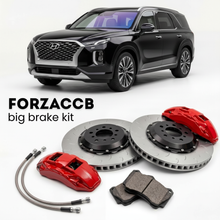 Black Hyundai Palisade Gen 2 (2026-2026) shown above a ForzaCCB iron rotor big brake kit with 2x red 6-piston front calipers, 2x two-piece floating ventilated brake discs 380 mm, set of brake pads, and brake lines.