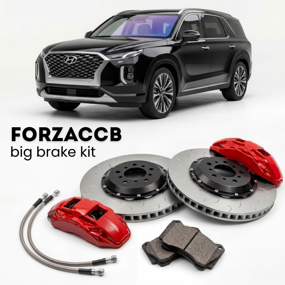 Black Hyundai Palisade Gen 2 (2026-2026) shown above a ForzaCCB iron rotor big brake kit with 2x red 6-piston front calipers, 2x two-piece floating ventilated brake discs 380 mm, set of brake pads, and brake lines.