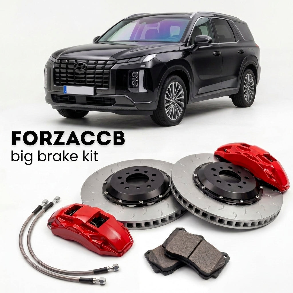 Black Hyundai Palisade Hybrid (2026) shown above a ForzaCCB iron rotor big brake kit with 2x red 6-piston front calipers, 2x two-piece floating ventilated brake discs 380 mm, set of brake pads, and brake lines.
