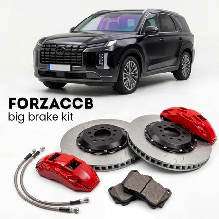 Black Hyundai Palisade Hybrid (2026) shown above a ForzaCCB iron rotor big brake kit with 2x red 6-piston front calipers, 2x two-piece floating ventilated brake discs 380 mm, set of brake pads, and brake lines.