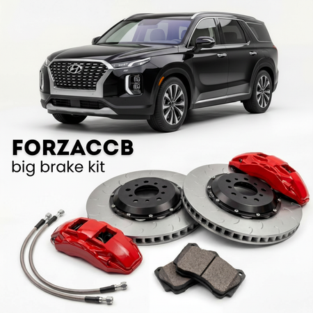 Black Hyundai Palisade pre-facelift (2019-2022) shown above a ForzaCCB iron rotor big brake kit with 2x red 6-piston front calipers, 2x two-piece floating ventilated brake discs 380 mm, set of brake pads, and brake lines.