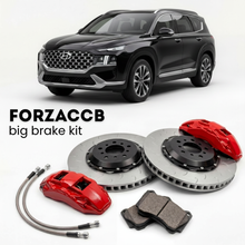 Black Hyundai Santa Fe Gen 5 (2024-2026) shown above a ForzaCCB iron rotor big brake kit with 2x red 6-piston front calipers, 2x two-piece floating ventilated brake discs 380 mm, set of brake pads, and brake lines.