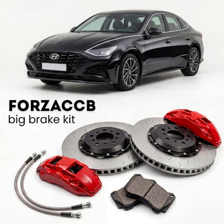 Black Hyundai Sonata (2019-2026) shown above a ForzaCCB iron rotor big brake kit with 2x red 6-piston front calipers, 2x two-piece floating ventilated brake discs 380 mm, set of brake pads, and brake lines.