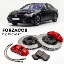Black Hyundai Sonata N Line (2021-2026) shown above a ForzaCCB iron rotor big brake kit with 2x red 6-piston front calipers, 2x two-piece floating ventilated brake discs 380 mm, set of brake pads, and brake lines.