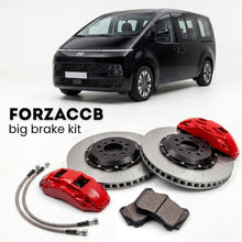 Black Hyundai Staria (2021-2026) shown above a ForzaCCB iron rotor big brake kit with 2x red 6-piston front calipers, 2x two-piece floating ventilated brake discs 380 mm, set of brake pads, and brake lines.