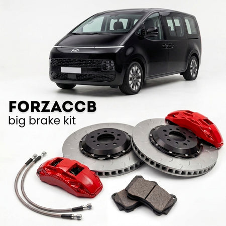 Black Hyundai Staria (2021-2026) shown above a ForzaCCB iron rotor big brake kit with 2x red 6-piston front calipers, 2x two-piece floating ventilated brake discs 380 mm, set of brake pads, and brake lines.