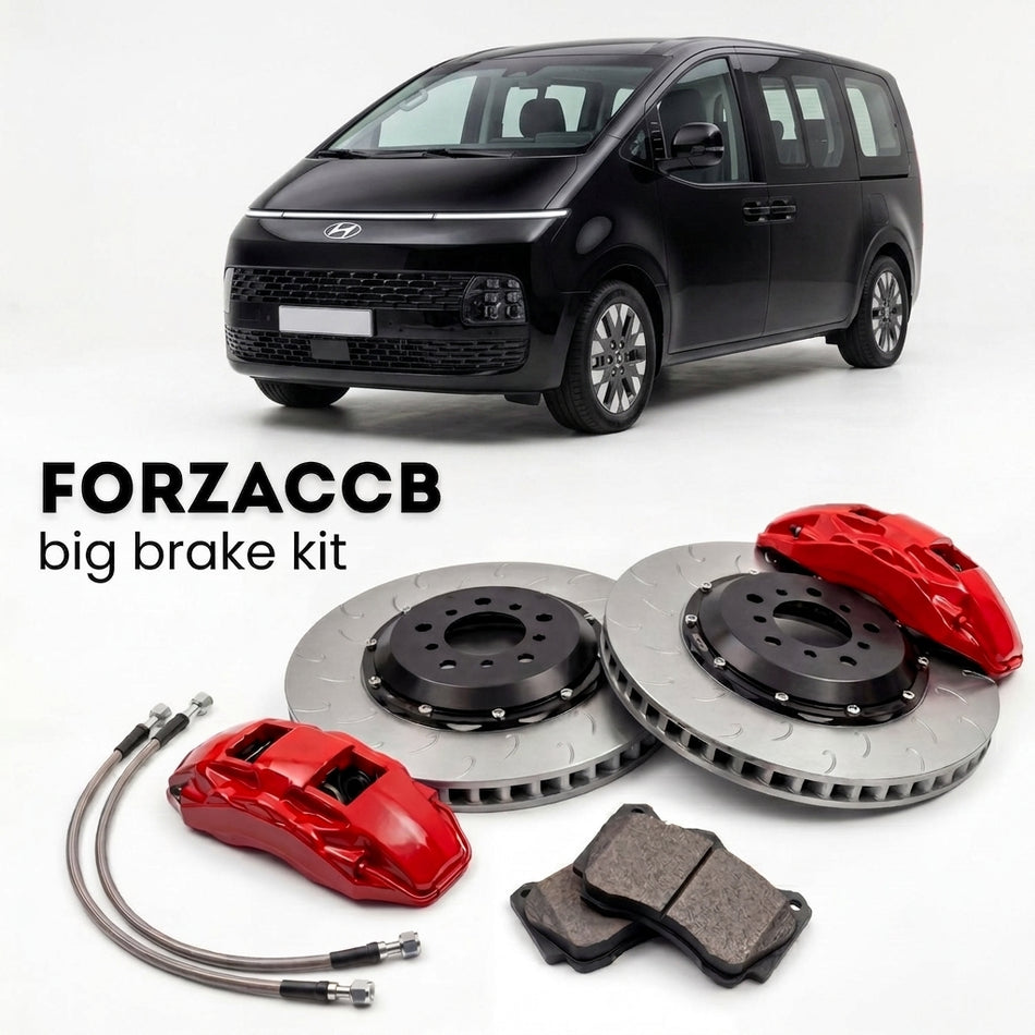 Black Hyundai Staria (2021-2026) shown above a ForzaCCB iron rotor big brake kit with 2x red 6-piston front calipers, 2x two-piece floating ventilated brake discs 380 mm, set of brake pads, and brake lines.