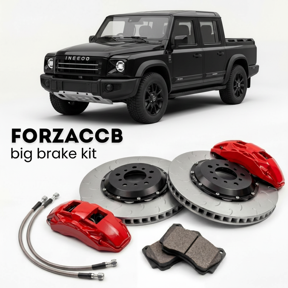 Black INEOS Grenadier Quartermaster (2023+) shown above a ForzaCCB iron rotor big brake kit with 2x red 6-piston front calipers, 2x two-piece floating ventilated brake discs 380 mm, set of brake pads, and brake lines.