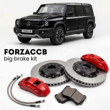 Black INEOS Grenadier Station Wagon (2022+) shown above a ForzaCCB iron rotor big brake kit with 2x red 6-piston front calipers, 2x two-piece floating ventilated brake discs 380 mm, set of brake pads, and brake lines.