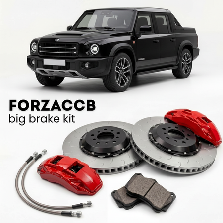 Black INEOS Grenadier Utility Wagon (2022+) shown above a ForzaCCB iron rotor big brake kit with 2x red 6-piston front calipers, 2x two-piece floating ventilated brake discs 380 mm, set of brake pads, and brake lines.