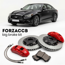 Black Infiniti Q50 V37 (2013-2024) shown above a ForzaCCB iron rotor big brake kit with 2x red 6-piston front calipers, 2x two-piece floating ventilated brake discs 380 mm, set of brake pads, and brake lines.