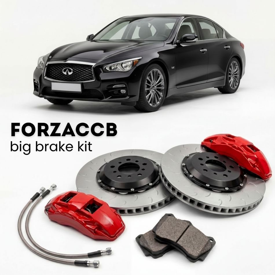 Black Infiniti Q50 V37 (2013-2024) shown above a ForzaCCB iron rotor big brake kit with 2x red 6-piston front calipers, 2x two-piece floating ventilated brake discs 380 mm, set of brake pads, and brake lines.