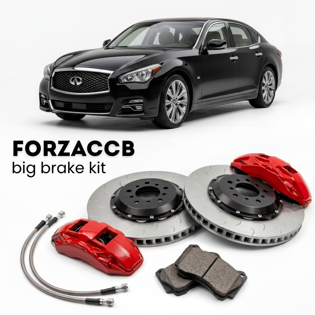Black Infiniti Q70 Y51 (2010-2019) shown above a ForzaCCB iron rotor big brake kit with 2x red 6-piston front calipers, 2x two-piece floating ventilated brake discs 380 mm, set of brake pads, and brake lines.