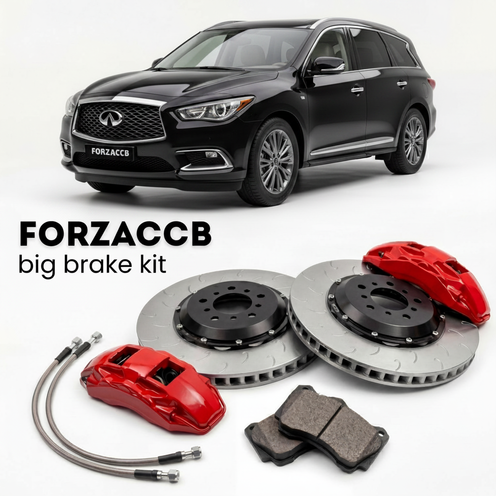 Black Infiniti QX60 L50 (2013-2020) shown above a ForzaCCB iron rotor big brake kit with 2x red 6-piston front calipers, 2x two-piece floating ventilated brake discs 380 mm, set of brake pads, and brake lines.