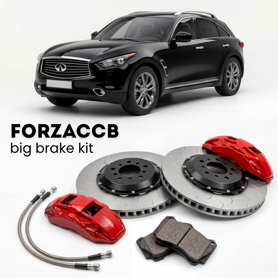 Black Infiniti QX70 S51 (2010-2017) shown above a ForzaCCB iron rotor big brake kit with 2x red 6-piston front calipers, 2x two-piece floating ventilated brake discs 380 mm, set of brake pads, and brake lines.