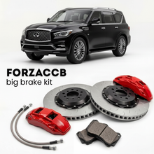 Black Infiniti QX80 Z62 (2014-2024) shown above a ForzaCCB iron rotor big brake kit with 2x red 6-piston front calipers, 2x two-piece floating ventilated brake discs 380 mm, set of brake pads, and brake lines.