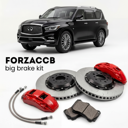 Black Infiniti QX80 Z62 (2014-2024) shown above a ForzaCCB iron rotor big brake kit with 2x red 6-piston front calipers, 2x two-piece floating ventilated brake discs 380 mm, set of brake pads, and brake lines.