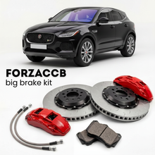 Black Jaguar E-Pace facelift 2020 (2020-2024) shown above a ForzaCCB iron rotor big brake kit with 2x red 6-piston front calipers, 2x two-piece floating ventilated brake discs 380 mm, set of brake pads, and brake lines.