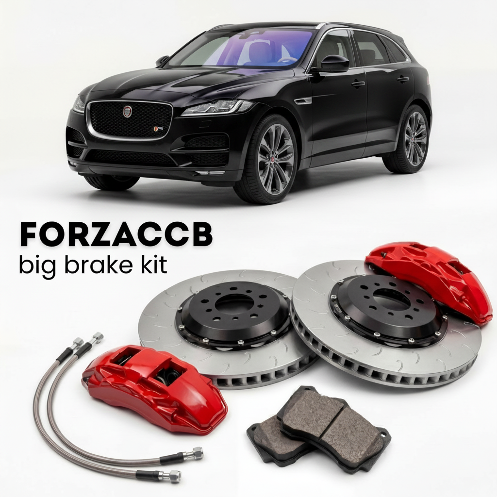 Black Jaguar F-Pace (2015-2020) shown above a ForzaCCB iron rotor big brake kit with 2x red 6-piston front calipers, 2x two-piece floating ventilated brake discs 380 mm, set of brake pads, and brake lines.
