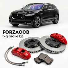 Black Jaguar F-Pace (2015-2020) shown above a ForzaCCB iron rotor big brake kit with 2x red 6-piston front calipers, 2x two-piece floating ventilated brake discs 380 mm, set of brake pads, and brake lines.