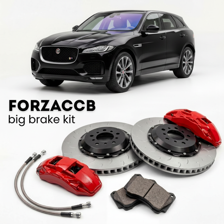 Black Jaguar F-Pace facelift 2020 (2020+) shown above a ForzaCCB iron rotor big brake kit with 2x red 6-piston front calipers, 2x two-piece floating ventilated brake discs 380 mm, set of brake pads, and brake lines.