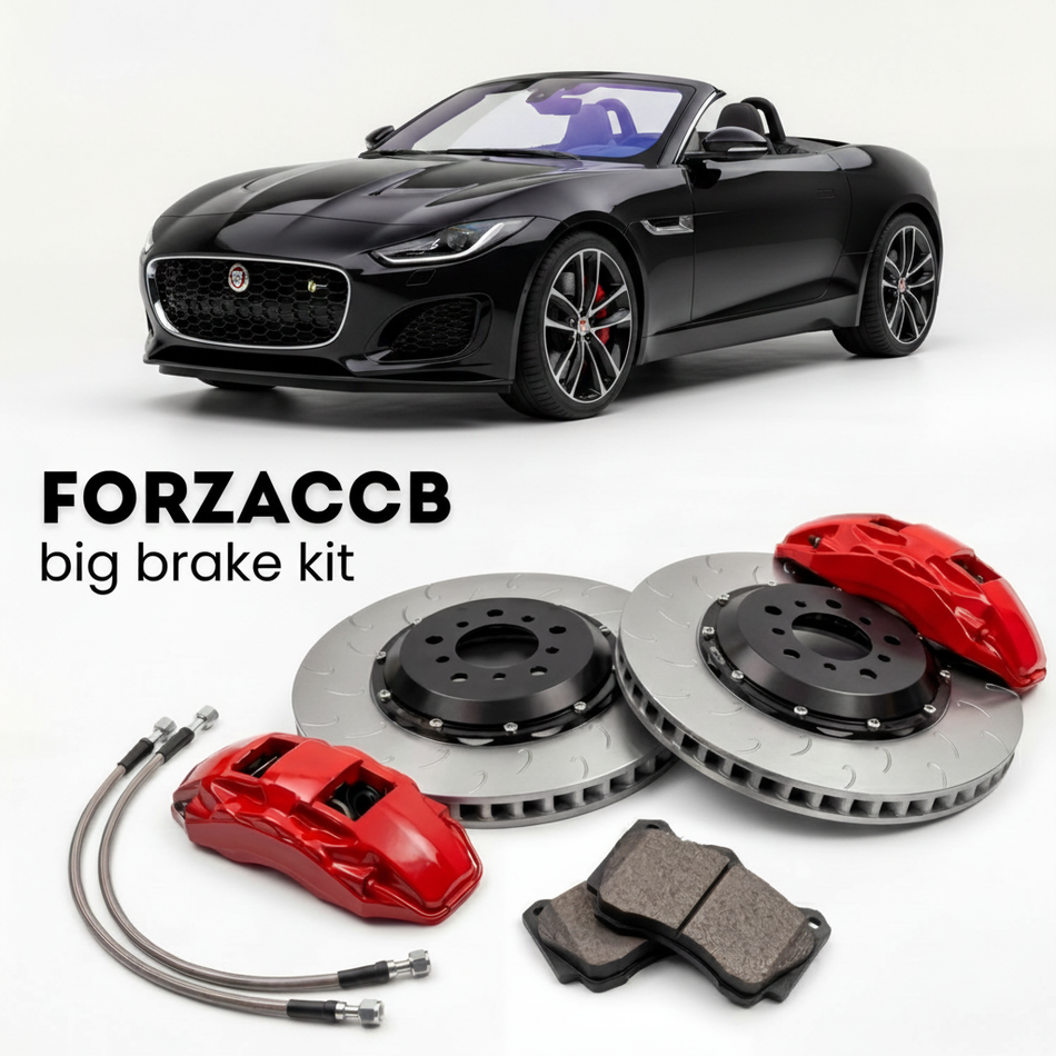 Black Jaguar F-type facelift 2017) (2017-2020 (Convertible) shown above a ForzaCCB iron rotor big brake kit with 2x red 6-piston front calipers, 2x two-piece floating ventilated brake discs 380 mm, set of brake pads, and brake lines.