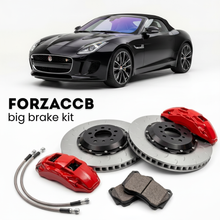 Black Jaguar F-type facelift 2020) (2019+ (Convertible) shown above a ForzaCCB iron rotor big brake kit with 2x red 6-piston front calipers, 2x two-piece floating ventilated brake discs 380 mm, set of brake pads, and brake lines.