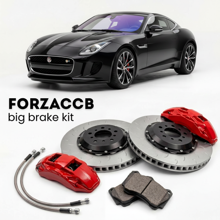 Black Jaguar F-type Coupe (2014-2017) shown above a ForzaCCB iron rotor big brake kit with 2x red 6-piston front calipers, 2x two-piece floating ventilated brake discs 380 mm, set of brake pads, and brake lines.