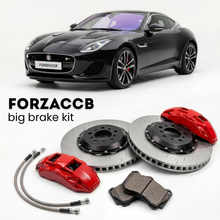 Black Jaguar F-type facelift 2017) (2017-2020 (Coupe) shown above a ForzaCCB iron rotor big brake kit with 2x red 6-piston front calipers, 2x two-piece floating ventilated brake discs 380 mm, set of brake pads, and brake lines.