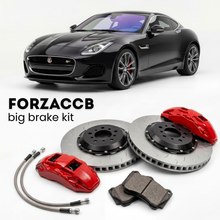 Black Jaguar F-type facelift 2020) (2019+ (Coupe) shown above a ForzaCCB iron rotor big brake kit with 2x red 6-piston front calipers, 2x two-piece floating ventilated brake discs 380 mm, set of brake pads, and brake lines.