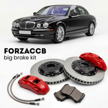 Black Jaguar S-type CCX (2005-2007) shown above a ForzaCCB iron rotor big brake kit with 2x red 6-piston front calipers, 2x two-piece floating ventilated brake discs 380 mm, set of brake pads, and brake lines.