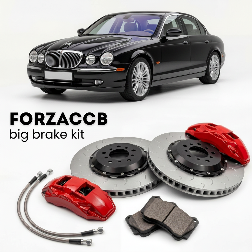 Black Jaguar S-type CCX (2005-2007) shown above a ForzaCCB iron rotor big brake kit with 2x red 6-piston front calipers, 2x two-piece floating ventilated brake discs 380 mm, set of brake pads, and brake lines.