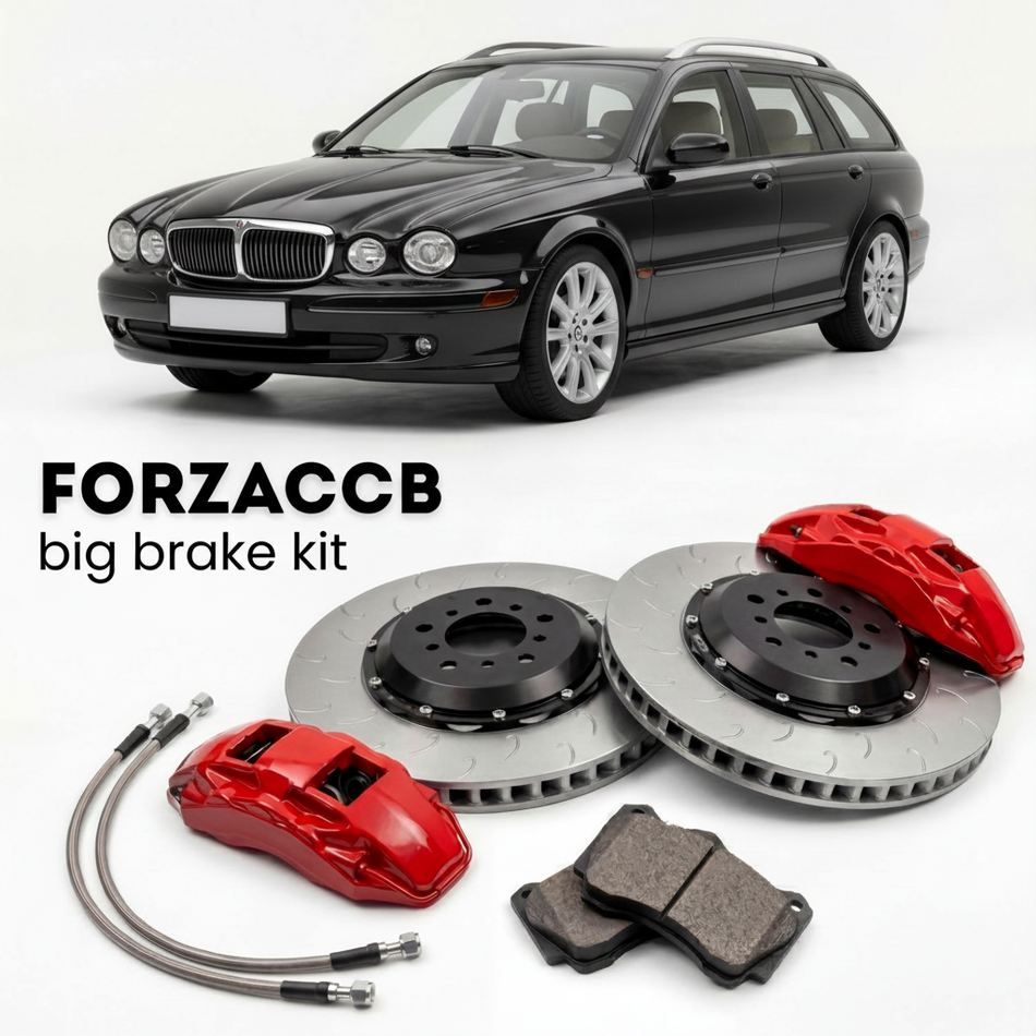 Black Jaguar X-type Estate (2005-2009) shown above a ForzaCCB iron rotor big brake kit with 2x red 6-piston front calipers, 2x two-piece floating ventilated brake discs 380 mm, set of brake pads, and brake lines.