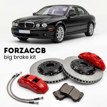 Black Jaguar X-type X400 (2005-2009) shown above a ForzaCCB iron rotor big brake kit with 2x red 6-piston front calipers, 2x two-piece floating ventilated brake discs 380 mm, set of brake pads, and brake lines.