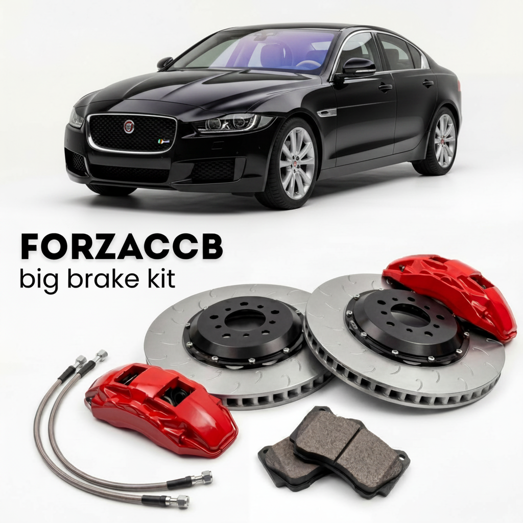 Black Jaguar XE X760 (2015-2018) shown above a ForzaCCB iron rotor big brake kit with 2x red 6-piston front calipers, 2x two-piece floating ventilated brake discs 380 mm, set of brake pads, and brake lines.