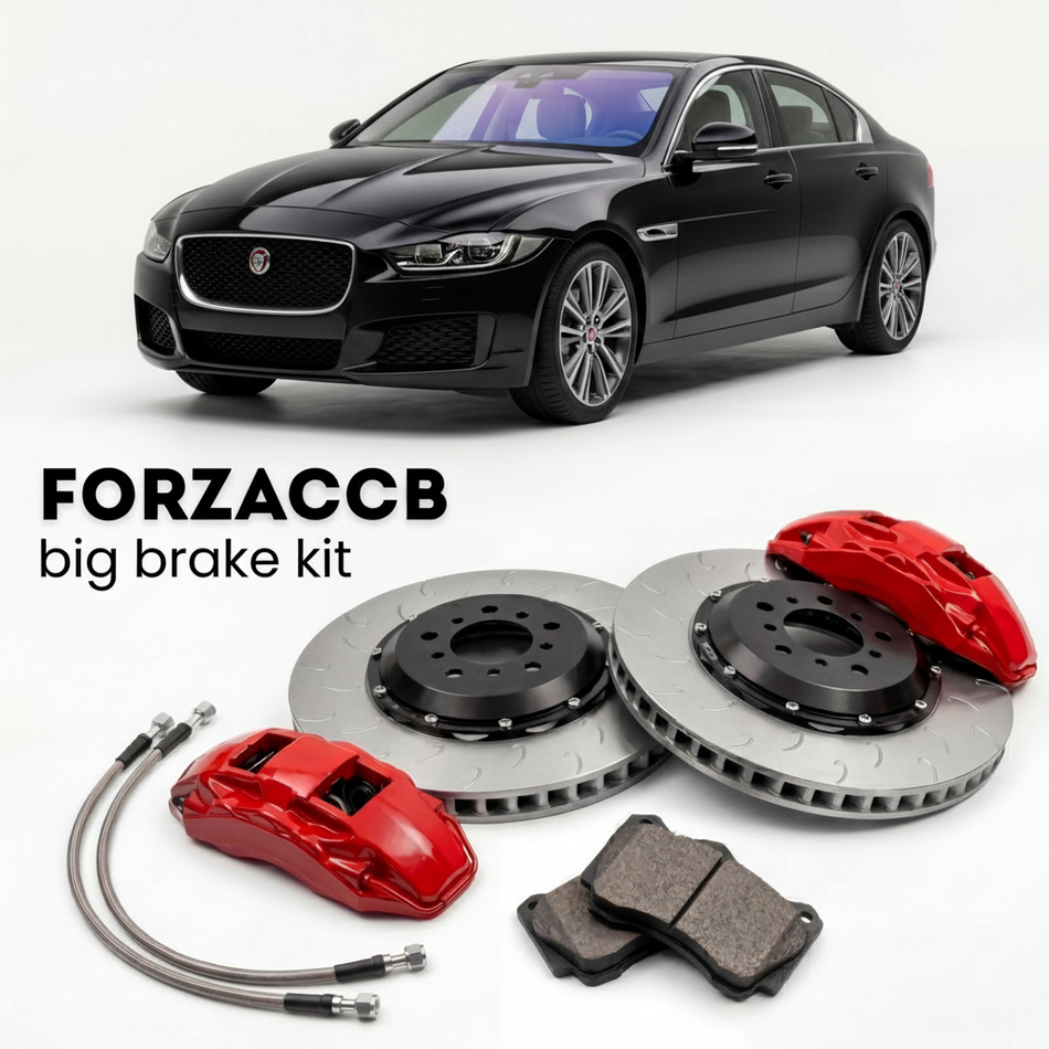 Black Jaguar XE X760, facelift 2019 (2019-2020) shown above a ForzaCCB iron rotor big brake kit with 2x red 6-piston front calipers, 2x two-piece floating ventilated brake discs 380 mm, set of brake pads, and brake lines.
