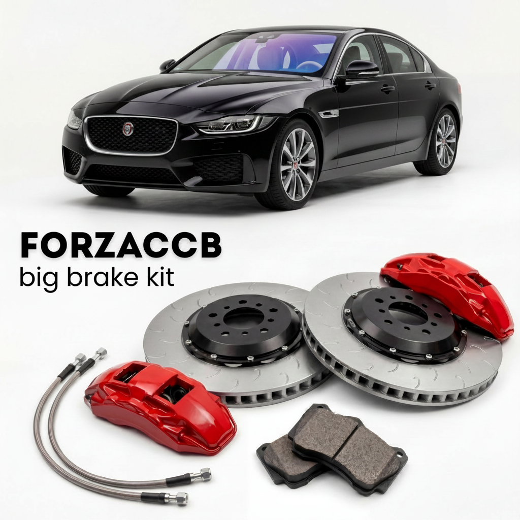 Black Jaguar XE X760, facelift 2020 (2020-2024) shown above a ForzaCCB iron rotor big brake kit with 2x red 6-piston front calipers, 2x two-piece floating ventilated brake discs 380 mm, set of brake pads, and brake lines.