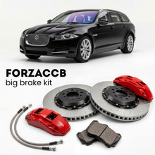 Black Jaguar XF X250) (2012-2015 (Sportbrake) shown above a ForzaCCB iron rotor big brake kit with 2x red 6-piston front calipers, 2x two-piece floating ventilated brake discs 380 mm, set of brake pads, and brake lines.
