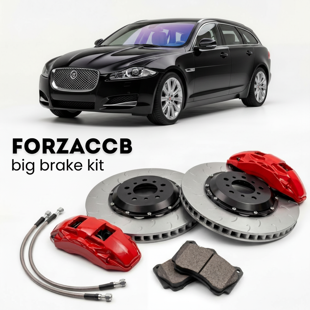 Black Jaguar XF X250) (2012-2015 (Sportbrake) shown above a ForzaCCB iron rotor big brake kit with 2x red 6-piston front calipers, 2x two-piece floating ventilated brake discs 380 mm, set of brake pads, and brake lines.