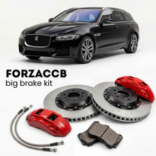 Black Jaguar XF X260, facelift 2020) (2020-2024 (Sportbrake) shown above a ForzaCCB iron rotor big brake kit with 2x red 6-piston front calipers, 2x two-piece floating ventilated brake discs 380 mm, set of brake pads, and brake lines.