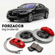 Black Jaguar XF X260 (2015-2020) shown above a ForzaCCB iron rotor big brake kit with 2x red 6-piston front calipers, 2x two-piece floating ventilated brake discs 380 mm, set of brake pads, and brake lines.